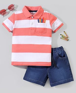 Babyhug Half Sleeves T-Shirt and Denim Shorts Stripes Pattern - Red Blue