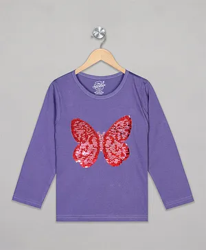 The Sandbox Clothing Co Full Sleeves Sequin Butterfly Embellished Tee - Piurple