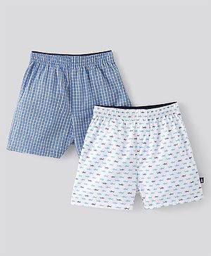 Pine Kids Cotton Woven Check with All Over Sharks Printed Boxers Pack of 2 (Colour May Vary)