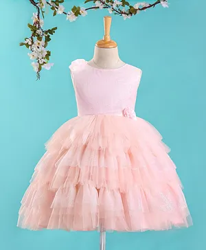 Bluebell Sleeveless Layered Party Frock With Floral Applique & Glitter Print- Peach