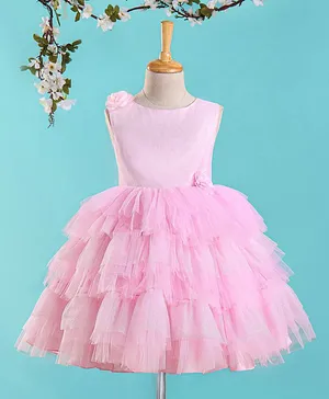 Bluebell Sleeveless Layered Party Frock With Floral Applique & Glitter Print- Pink