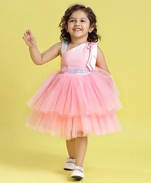 Bluebell Sleeveless Party Wear Layered Frock With Net Detailing & Floral Corsage- Pink