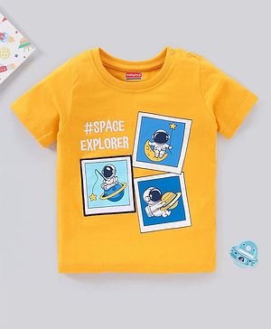 Babyhug Cotton Half Sleeves T-Shirt With Astronaut Embroidery- Yellow