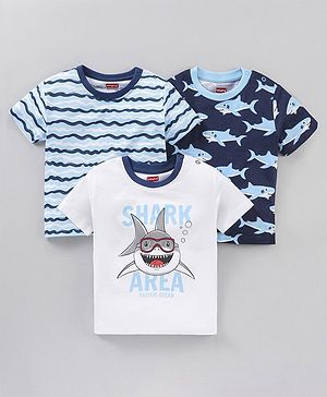 Babyhug Cotton Jersey Knit Half Sleeves Striped T-Shirt Shark Print Pack of 3 - Multicolor