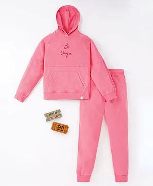 Ed-a-Mamma Sustainable Cotton Full Sleeves Hooded Tee with Joggers - Pink