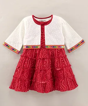 Enfance Core Full Sleeves Mirror Work Border & Schiffli Embroidered Jacket With Bandhani Tiered Dress - Red