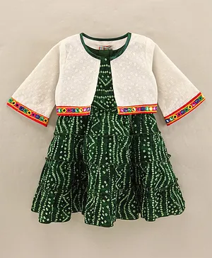 Enfance Core Full Sleeves Mirror Work Border & Schiffli Embroidered Jacket With Bandhani Tiered Dress - Dark Green