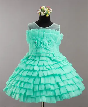 Enfance Sleeveless Floral  Decorated Flared Party Dress  - Sea Green
