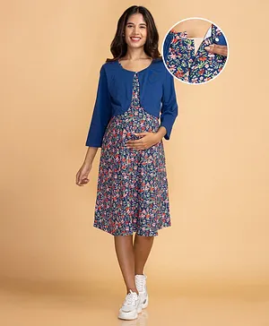 Bella Mama Floral Print Maternity knit Dress with Shrug - Navy