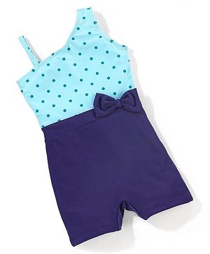 Babyhug Sleeveless Legged Swimsuit With Bow Applique Polka Dot Print- Navy Blue