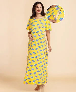 Bella Mama Cotton Knit Half Sleeves  Floral Printed Nursing & Maternity Nighty - Yellow