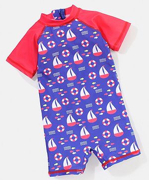 Babyhug Half Sleeves Legged Swim Suit Boat Print - Blue & Red