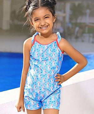 Babyhug Sleeveless Legged Swimsuit With Bow Applique Sea Horse Print- Blue