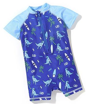 Babyhug Half Sleeves Legged Swimsuit Dino Print - Blue