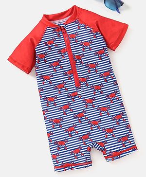 Babyhug Half Sleeves Legged Swimsuit Crabs Print - Blue & Red