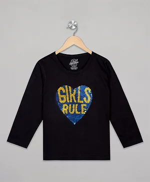 The Sandbox Clothing Co Full Sleeves Girls Rule Detailed Text With Sequin Heart Embellished Tee - Black