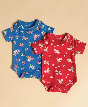 haus & kinder Pack Of 2 Short Sleeves All Over Flower Printed Onesies - Blue & Red