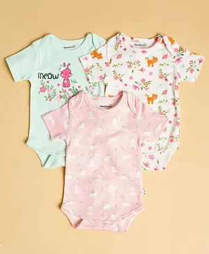 haus & kinder Pack Of 3 Short Sleeves Be Hoppy Bunny Theme Printed Onesies - Mint Pink & White