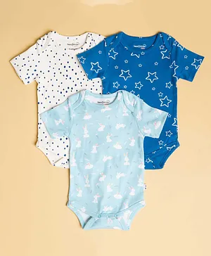haus & kinder Pack Of 3 Short Sleeves Starry Nights & Bunny Theme Printed Onesies - White Navy Blue & Light Blue