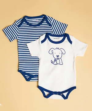 haus & kinder Pack Of 3 Short Sleeves Striped & Poodle Puppy Theme Printed Onesies - Navy Blue & White