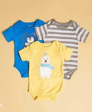 haus & kinder Pack Of 3 Half Sleeves Striped Penguin And Polar Bear Print Onesies - Grey Yellow Blue