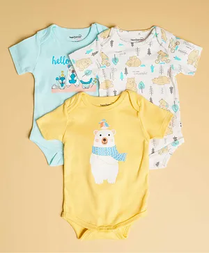 haus & kinder Pack Of 3 Half Sleeves Striped Penguin And Polar Bear Print Onesies - Blue White Yellow