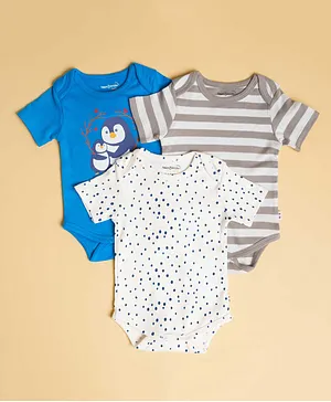 haus & kinder Pack Of 3 Half Sleeves Striped Dots And Penguin Printed Onesies - Grey White Blue