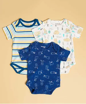 haus & kinder Pack Of 3 Half Sleeves Striped Hare And Polar Bear Print Onesies - Navy Blue