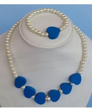 Tiny Closet Pearls And Hearts Detail Necklace Bracelet Set - Blue