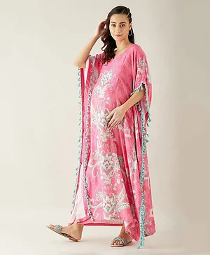 The Kaftan Company Half Batwing Sleeves Digital Damask Style & Floral Printed Kaftan Maternity Feeding Dress - Pink