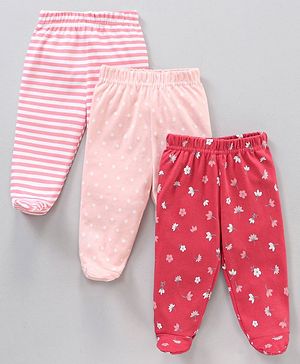 Babyhug 100% Cotton Full Length Bootie Legging Striped & Polka Dot Print Pack Of 3 - Red Pink