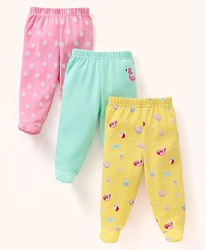 Babyhug Cotton Footed Bootie Leggings Floral Print Pack of 3 - Pink Yellow & Blue