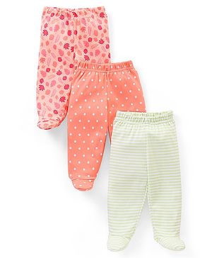 Babyhug 100% Cotton Knit Bootie Leggings Striped & Leaves Print Pack of 3 - Peach Pink & Green - 9-12m Peach