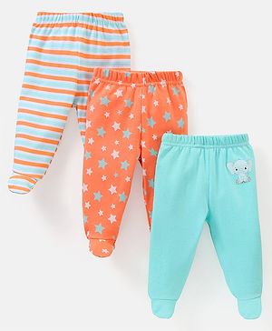 Babyhug Cotton Footed Bootie Leggings Striped & Stars Printed Pack of 3 - Orange & Blue