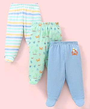 Babyhug Cotton Knit Footed Length Bootie Leggings Striped & Crabs Print Pack of 3 - Blue