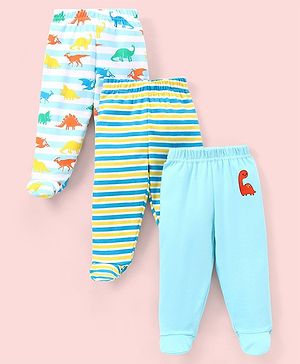 Babyhug Cotton Footed Bootie Leggings Striped & Dino Print Pack of 3 - Blue
