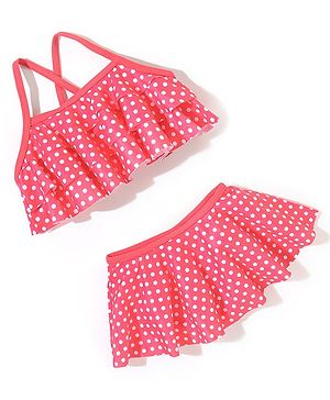 Babyhug Sleeveless Two Piece Swimsuit Polka Dot Print- Pink