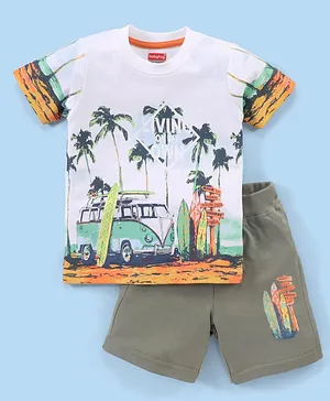 Babyhug 100% Cotton Knit Half Sleeves T-Shirt & Shorts Surfboard Print - White & Olive Green