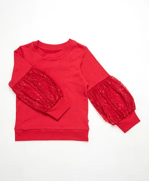 Nino Bambino Full Sleeves 100% Organic Cotton Lace Embellished Sweatshirt - Red