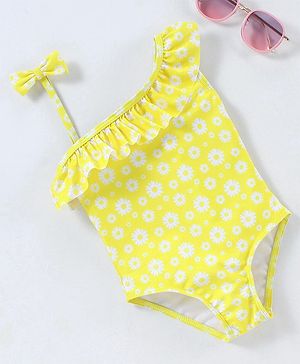 Babyhug Sleeveless V Cut Swimsuit Flower Print - Yellow