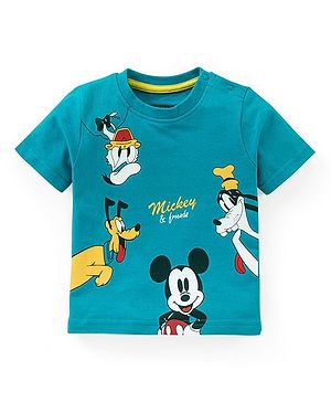 Babyhug Cotton Knit Half Sleeves T-Shirt Mickey Mouse and Friends Print- Blue
