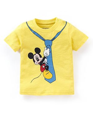 Babyhug Cotton Knit Half Sleeves T-Shirt Mickey Mouse and Friends Print- Yellow