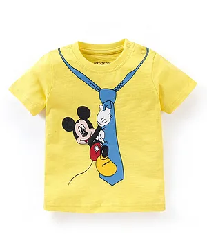 Babyhug Cotton Knit Half Sleeves T-Shirt Mickey Mouse and Friends Print- Yellow