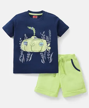 Babyhug 100% Cotton Knit Half Sleeves T-Shirt & Shorts Submarine Print - Navy Blue & Light Green