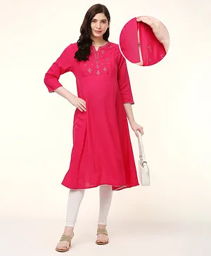Bella Mama Woven Embroidered Yoke Maternity Kurta - Fuchsia