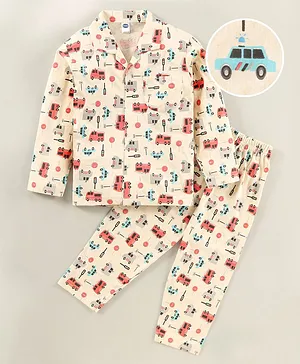 Teddy Cotton Full Sleeves Night Suit Vehicle Print -  Blue