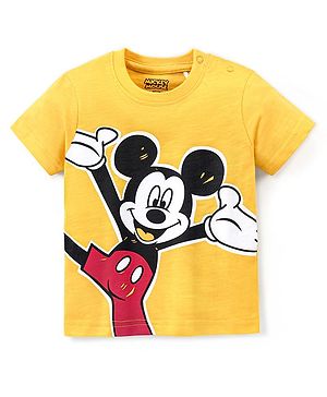 Babyhug Cotton Knit Half Sleeves T-Shirt Disney Mickey Print - Yellow
