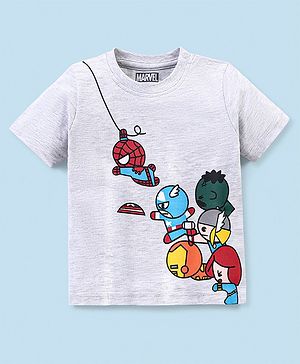 Babyhug Cotton Knit Half Sleeves T-Shirt Avengers Print - Ecru Melange