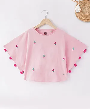Ed-a-Mamma Cotton Sustainable Three Fourth Sleeves Poncho Top With Tassel Detail - Pink