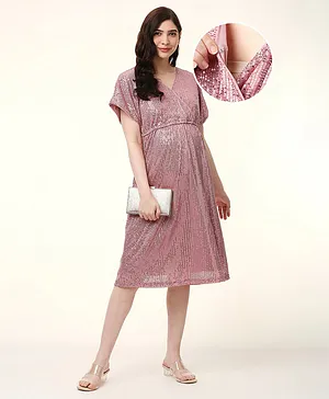 Bella Mama  Soft Sequins Overlap Maternity Party  Dress - Peach